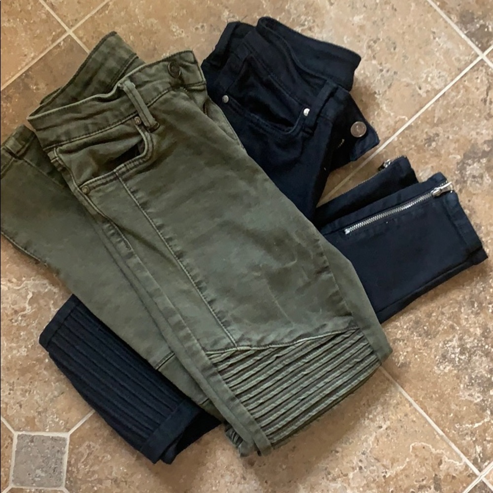 Black and olive green moto jeans